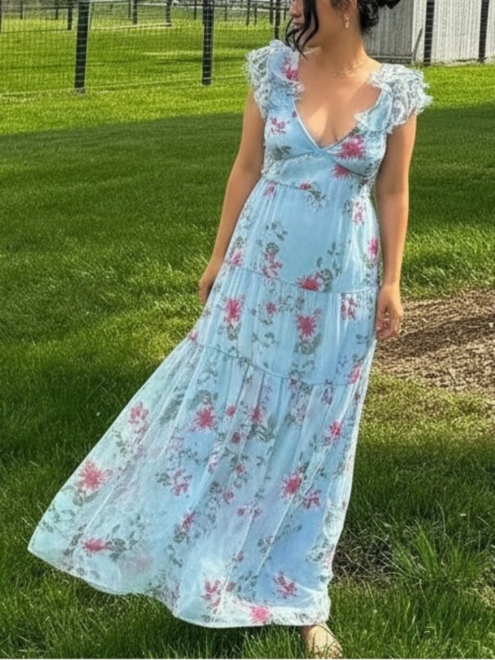 Boho Cottagecore Blue Floral Maxi Dress NWT Ruffle Sleeve Flowy Spring Small 🩵 - Picture 11 of 11